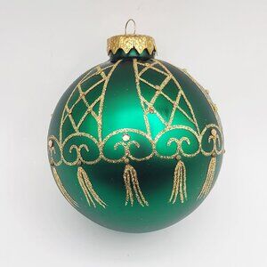 HOLIDAY CLEARANCE Hand Painted Vintage Glass Christmas Ornament Green Gold 4"